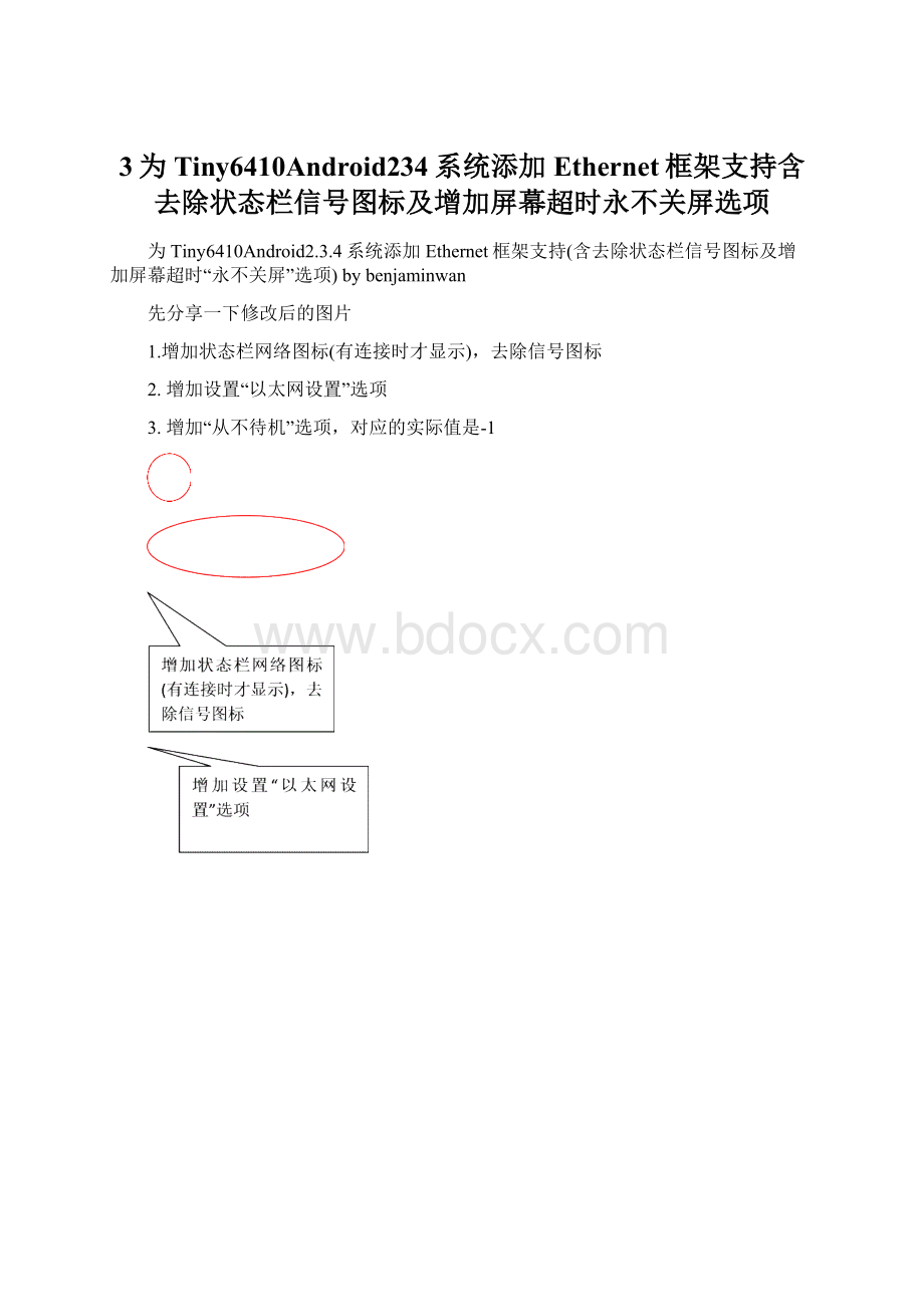 3为Tiny6410Android234系统添加Ethernet框架支持含去除状态栏信号图标及增加屏幕超时永不关屏选项.docx