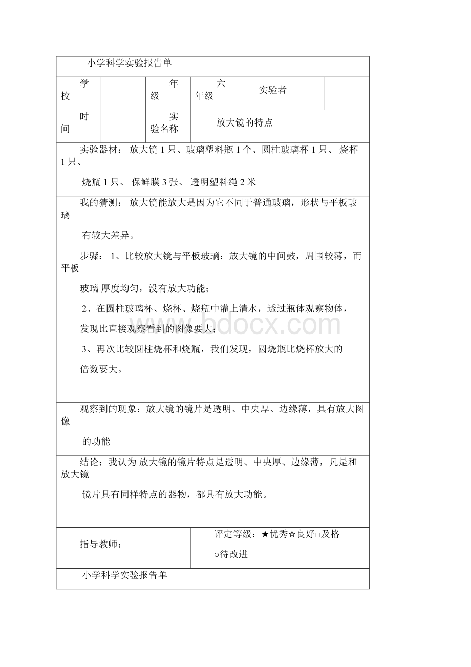 最新教科版六年级科学下册实验报告Word格式.docx_第2页