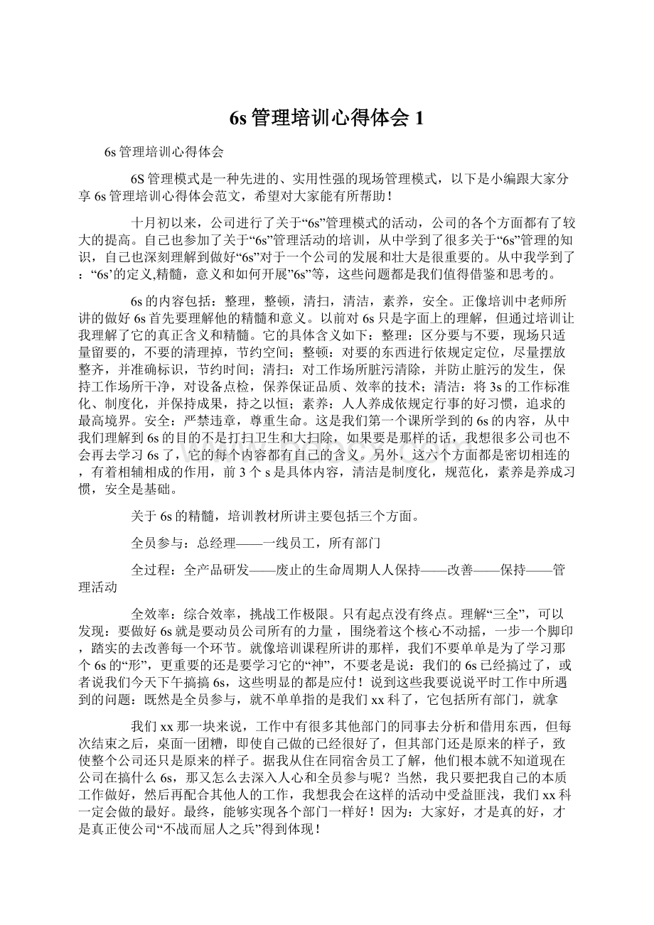 6s管理培训心得体会1Word文档下载推荐.docx_第1页