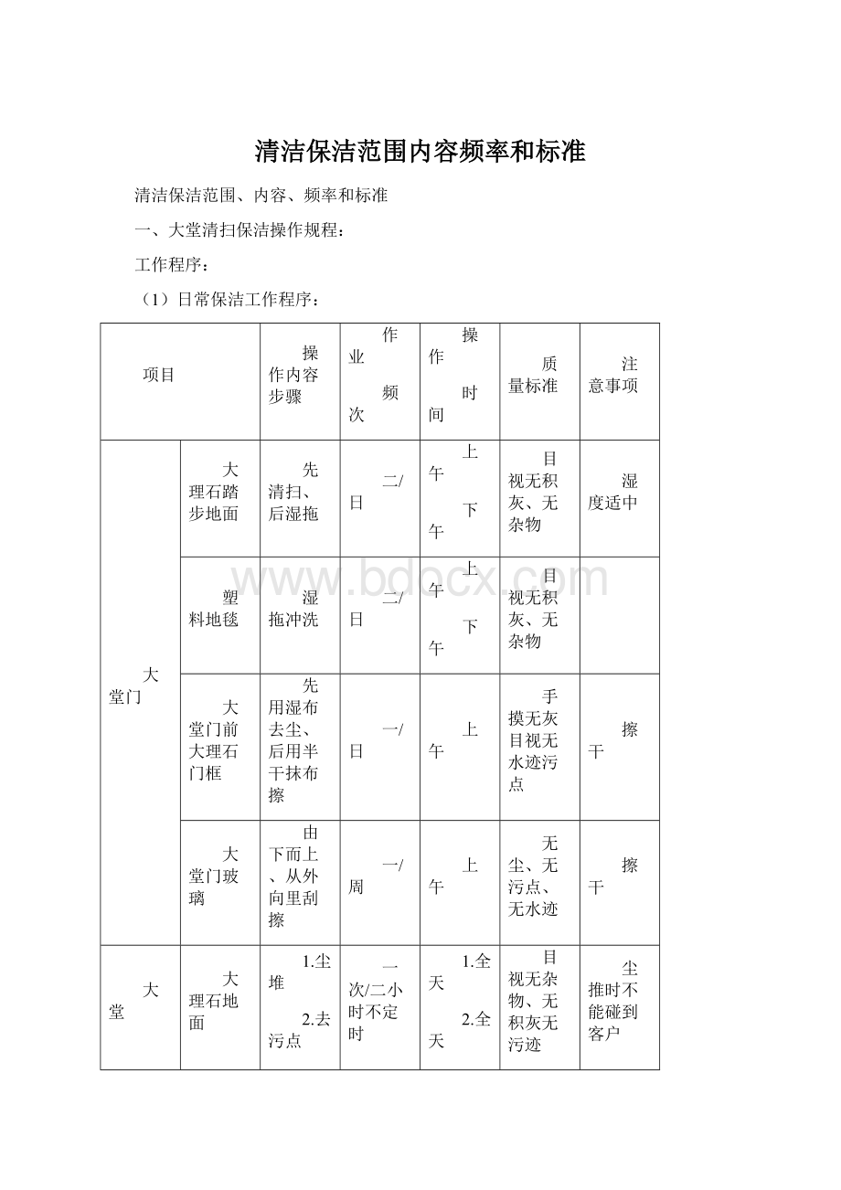 清洁保洁范围内容频率和标准Word格式文档下载.docx