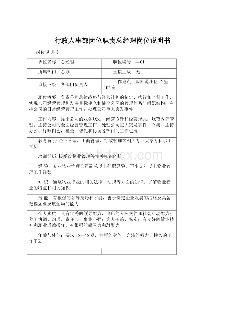 行政人事部岗位职责总经理岗位说明书Word下载.docx