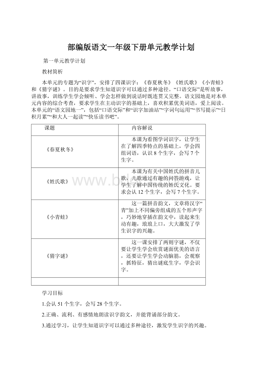 部编版语文一年级下册单元教学计划Word文档格式.docx