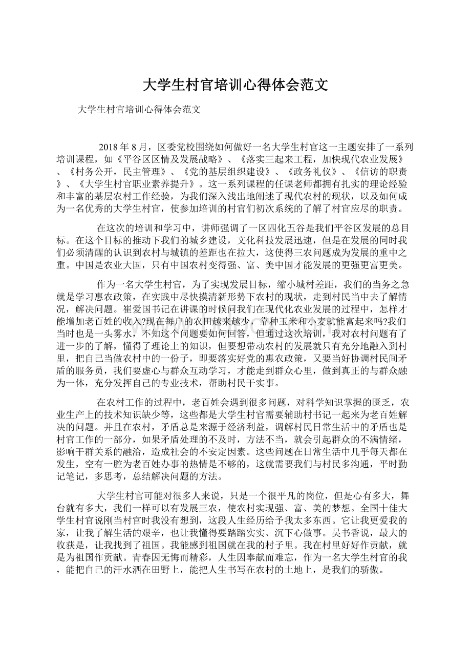 大学生村官培训心得体会范文文档格式.docx