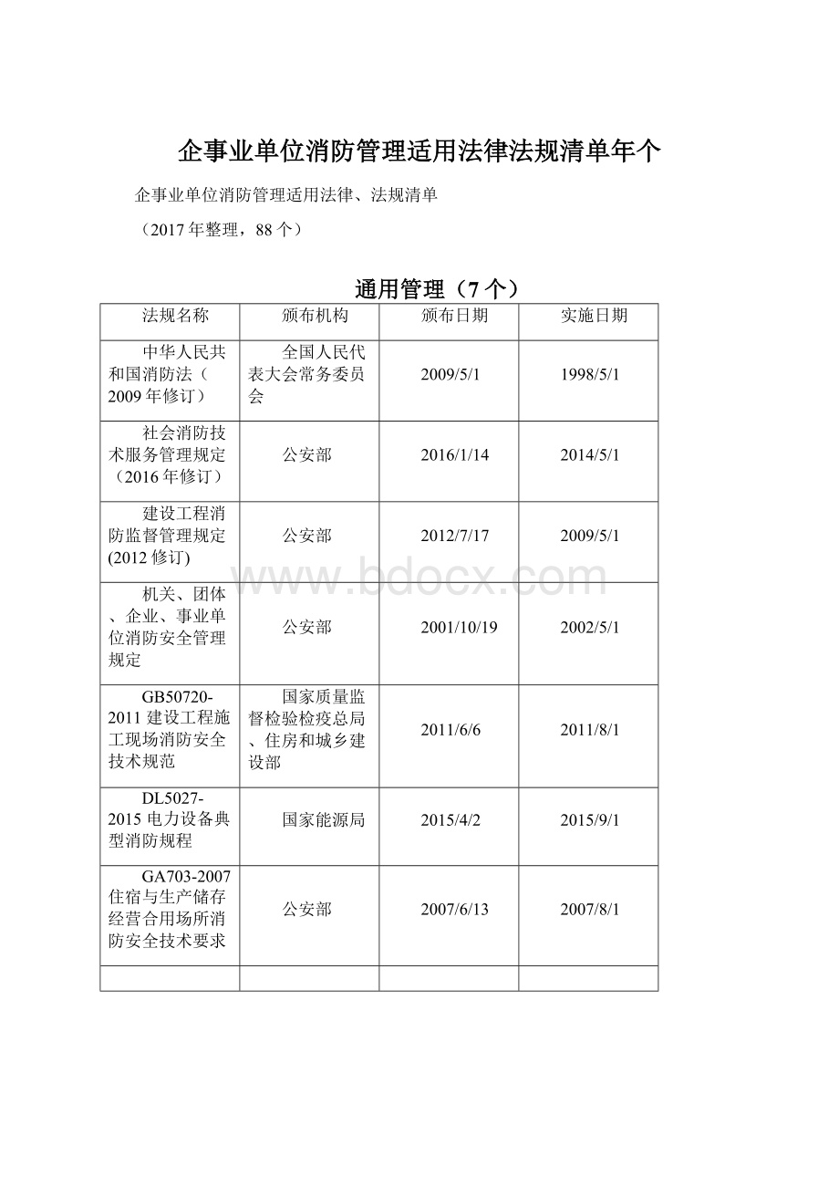 企事业单位消防管理适用法律法规清单年个Word格式文档下载.docx_第1页