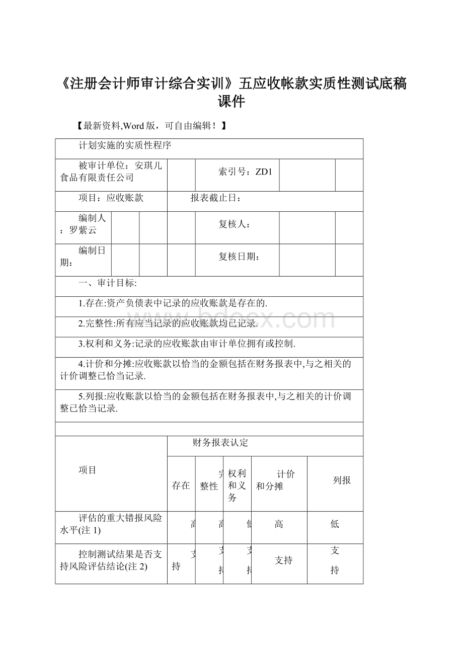 《注册会计师审计综合实训》五应收帐款实质性测试底稿课件Word文档格式.docx