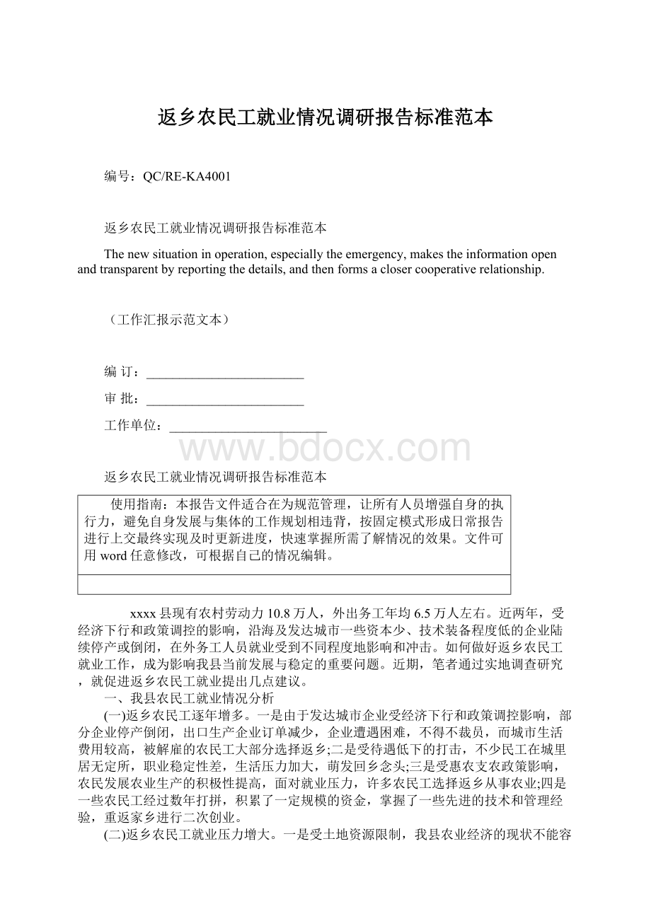 返乡农民工就业情况调研报告标准范本.docx_第1页