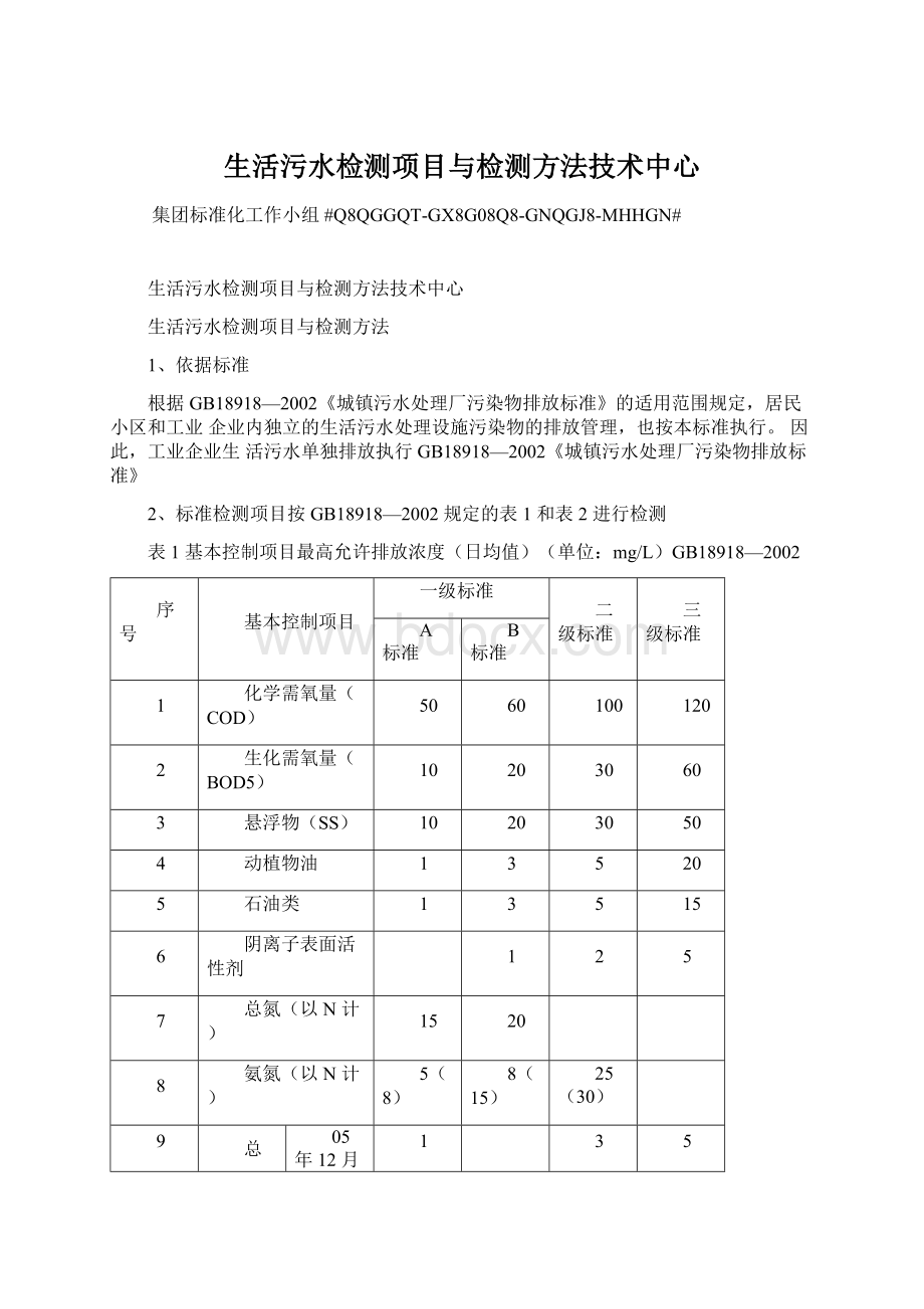 生活污水检测项目与检测方法技术中心Word文档格式.docx