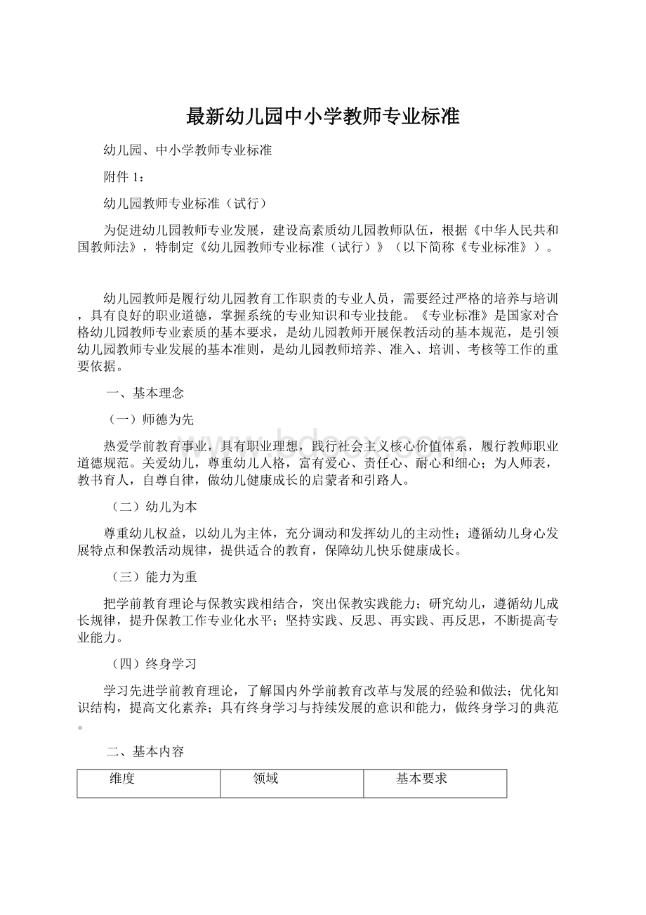 最新幼儿园中小学教师专业标准Word文档下载推荐.docx_第1页