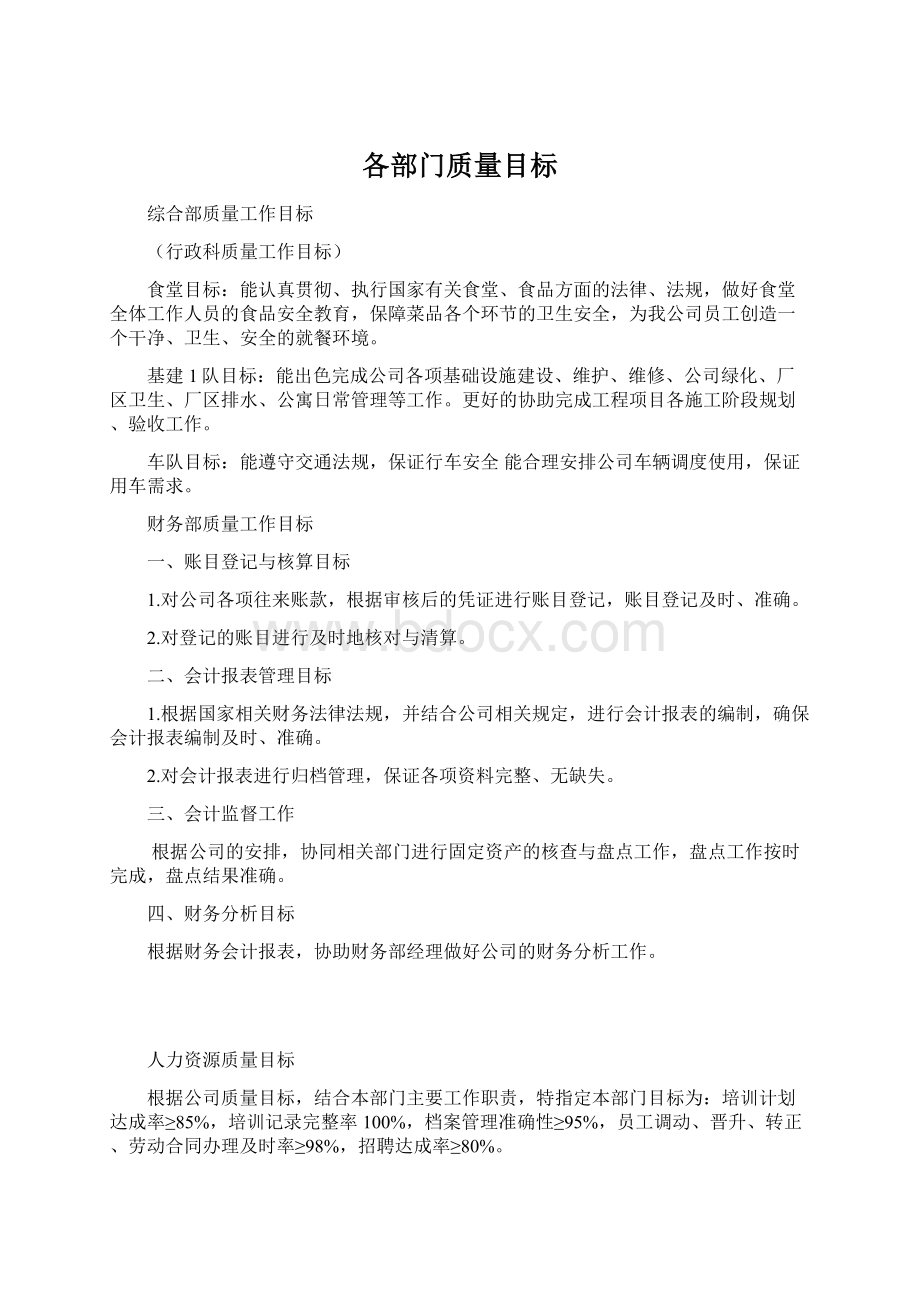 各部门质量目标.docx_第1页