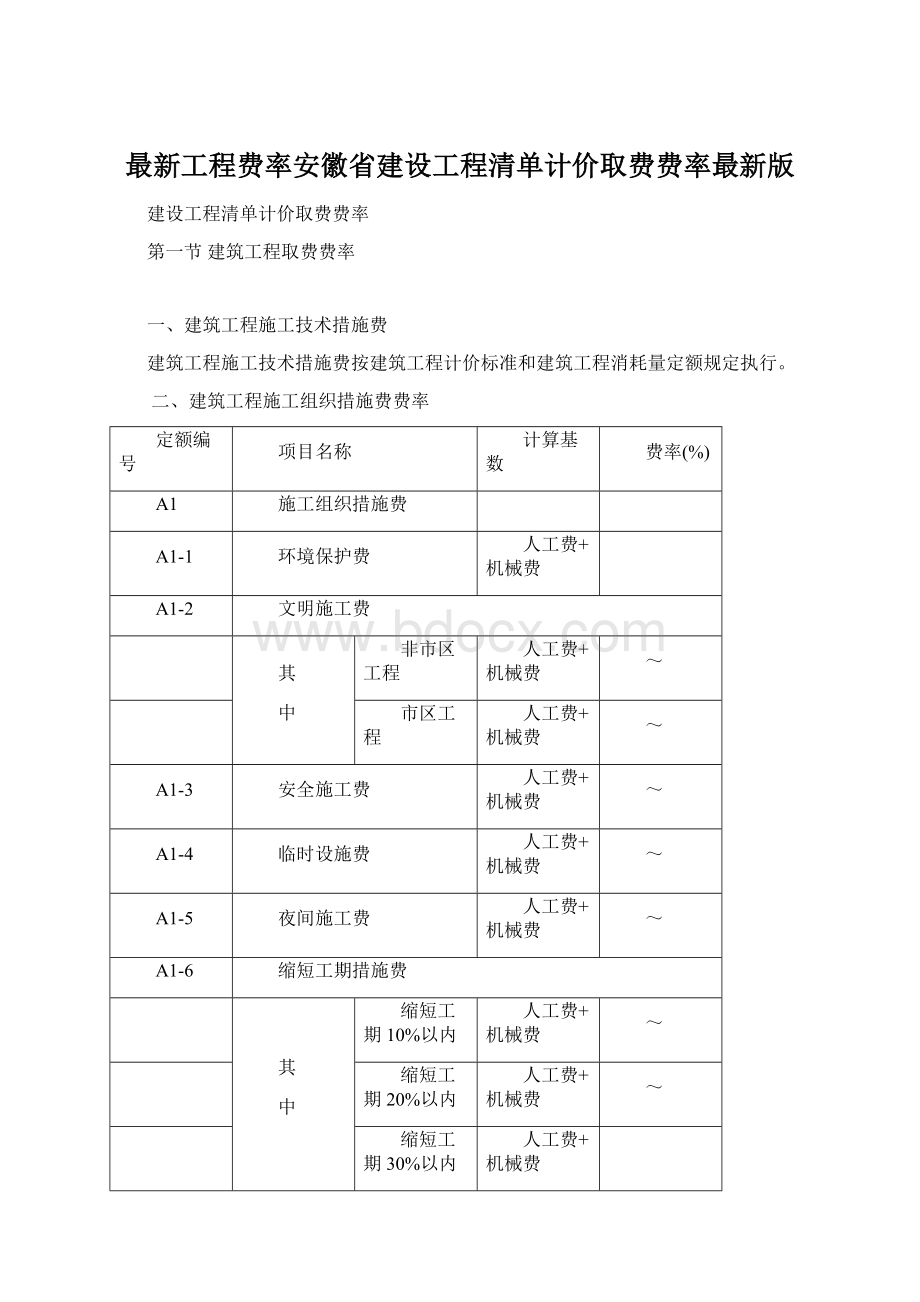 最新工程费率安徽省建设工程清单计价取费费率最新版.docx