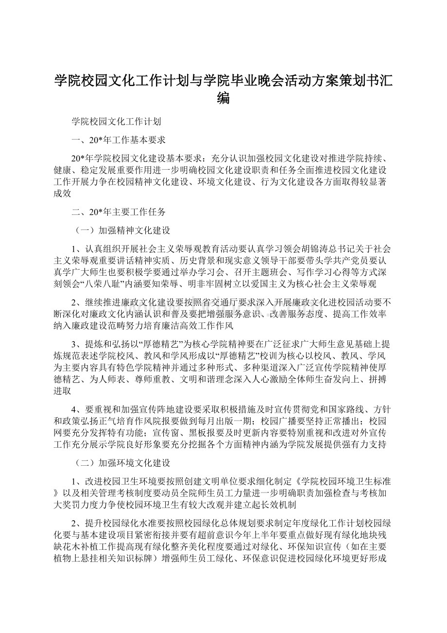 学院校园文化工作计划与学院毕业晚会活动方案策划书汇编Word文档格式.docx