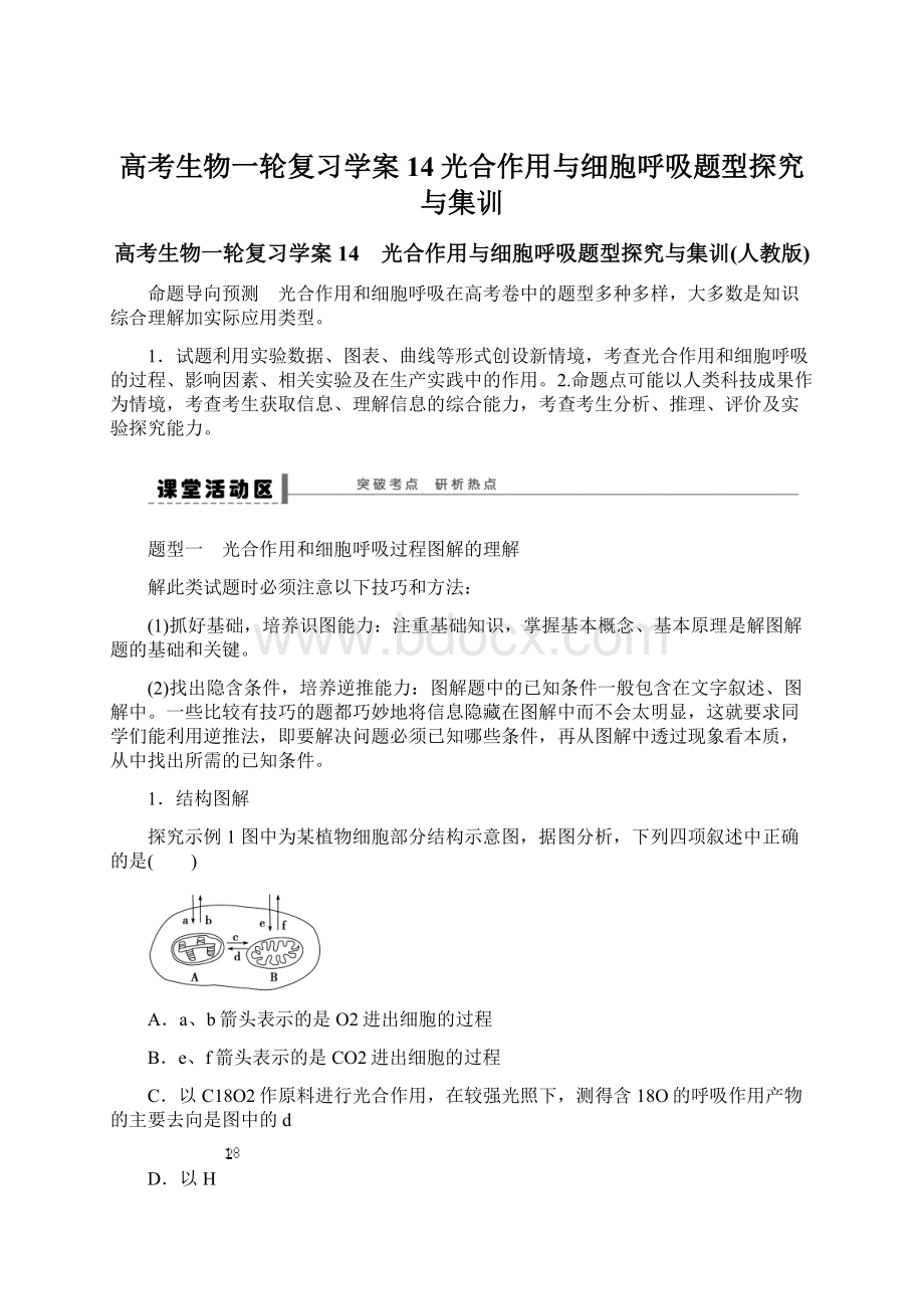 高考生物一轮复习学案14光合作用与细胞呼吸题型探究与集训.docx_第1页