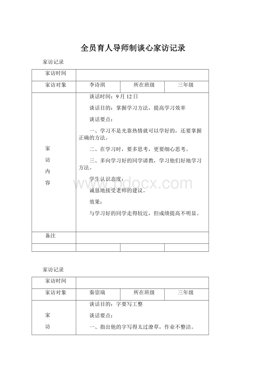 全员育人导师制谈心家访记录Word文档下载推荐.docx_第1页