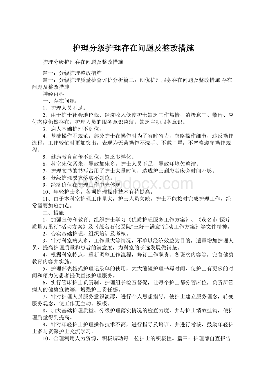 护理分级护理存在问题及整改措施Word格式文档下载.docx