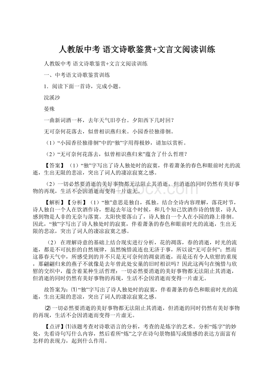 人教版中考 语文诗歌鉴赏+文言文阅读训练.docx_第1页