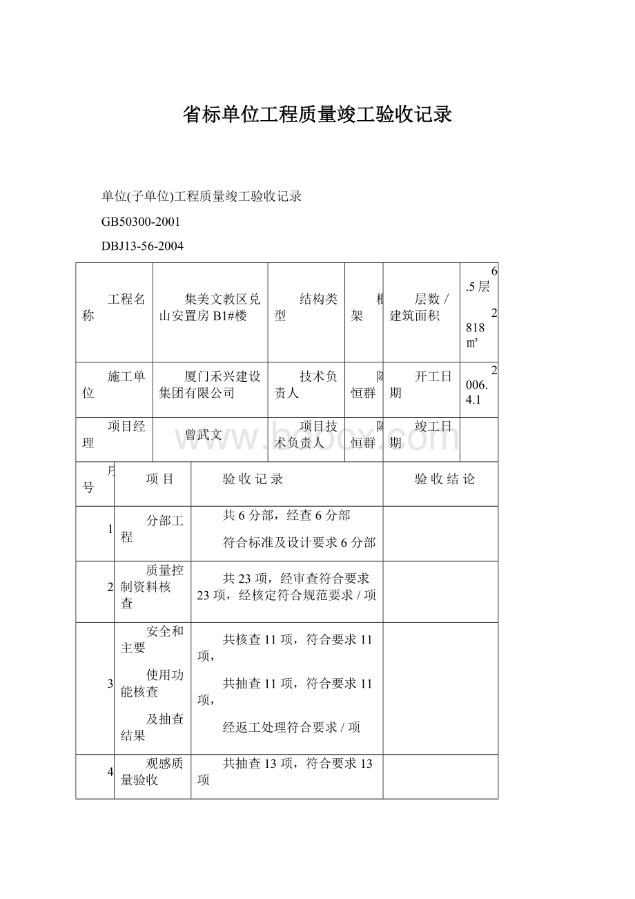 省标单位工程质量竣工验收记录.docx_第1页