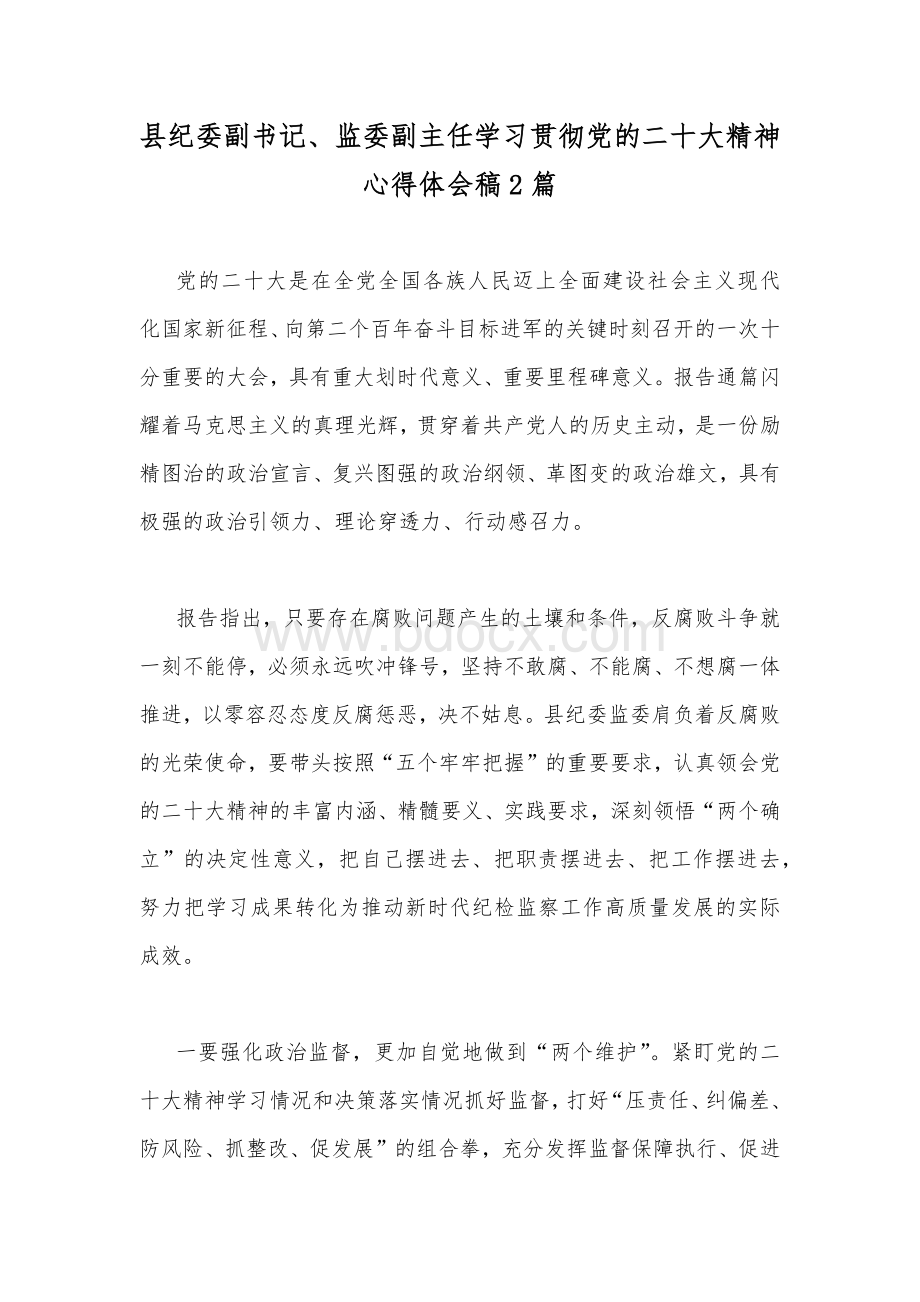 县纪委副书记、监委副主任学习贯彻党的二20十大精神心得体会稿2篇.docx_第1页