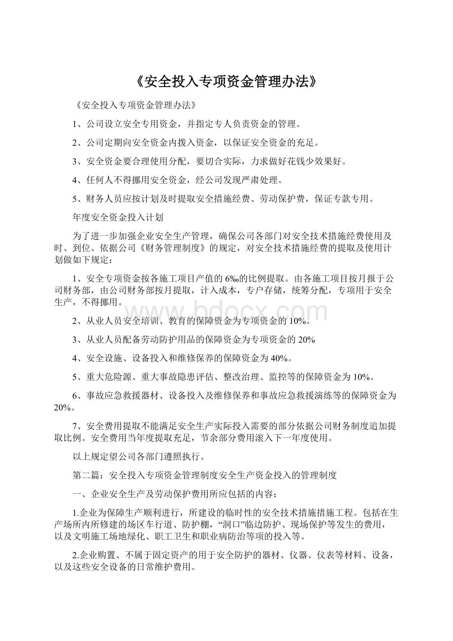 《安全投入专项资金管理办法》Word格式文档下载.docx