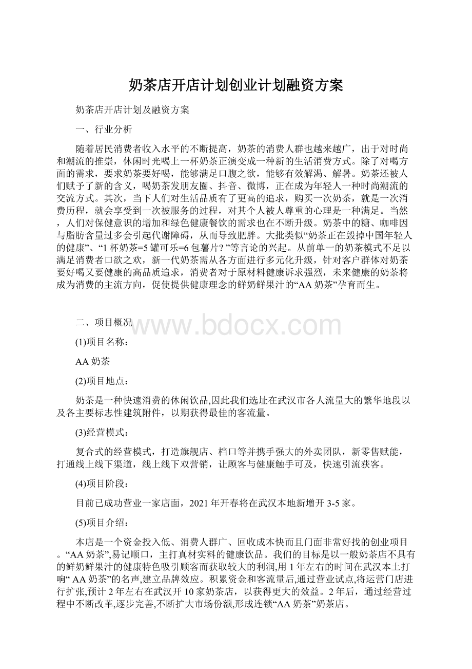 奶茶店开店计划创业计划融资方案Word格式.docx_第1页