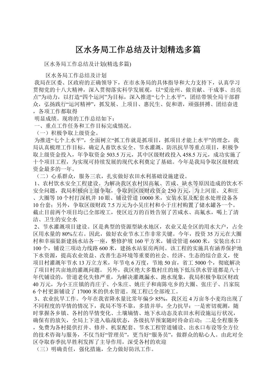 区水务局工作总结及计划精选多篇.docx_第1页