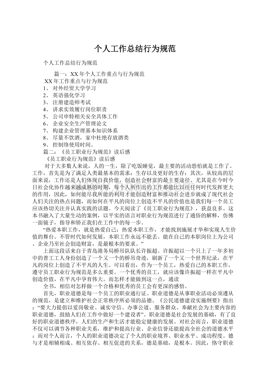 个人工作总结行为规范Word格式文档下载.docx