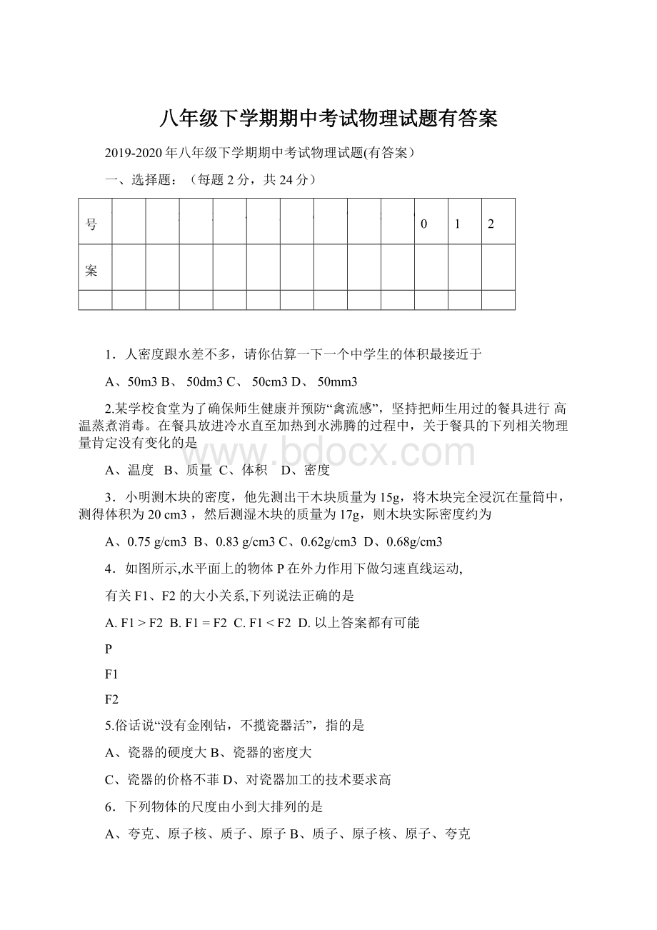 八年级下学期期中考试物理试题有答案Word文档格式.docx_第1页