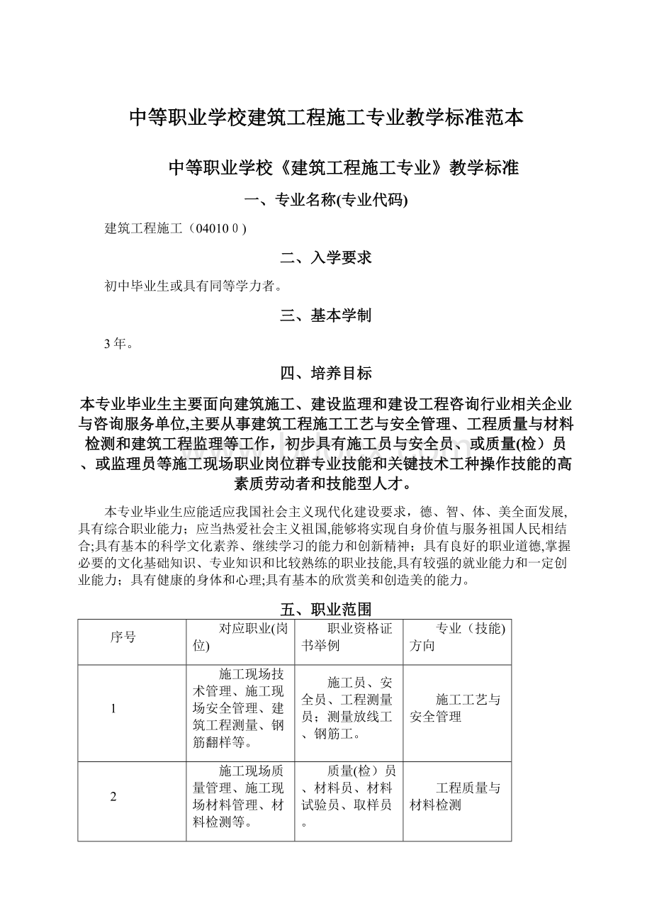 中等职业学校建筑工程施工专业教学标准范本.docx