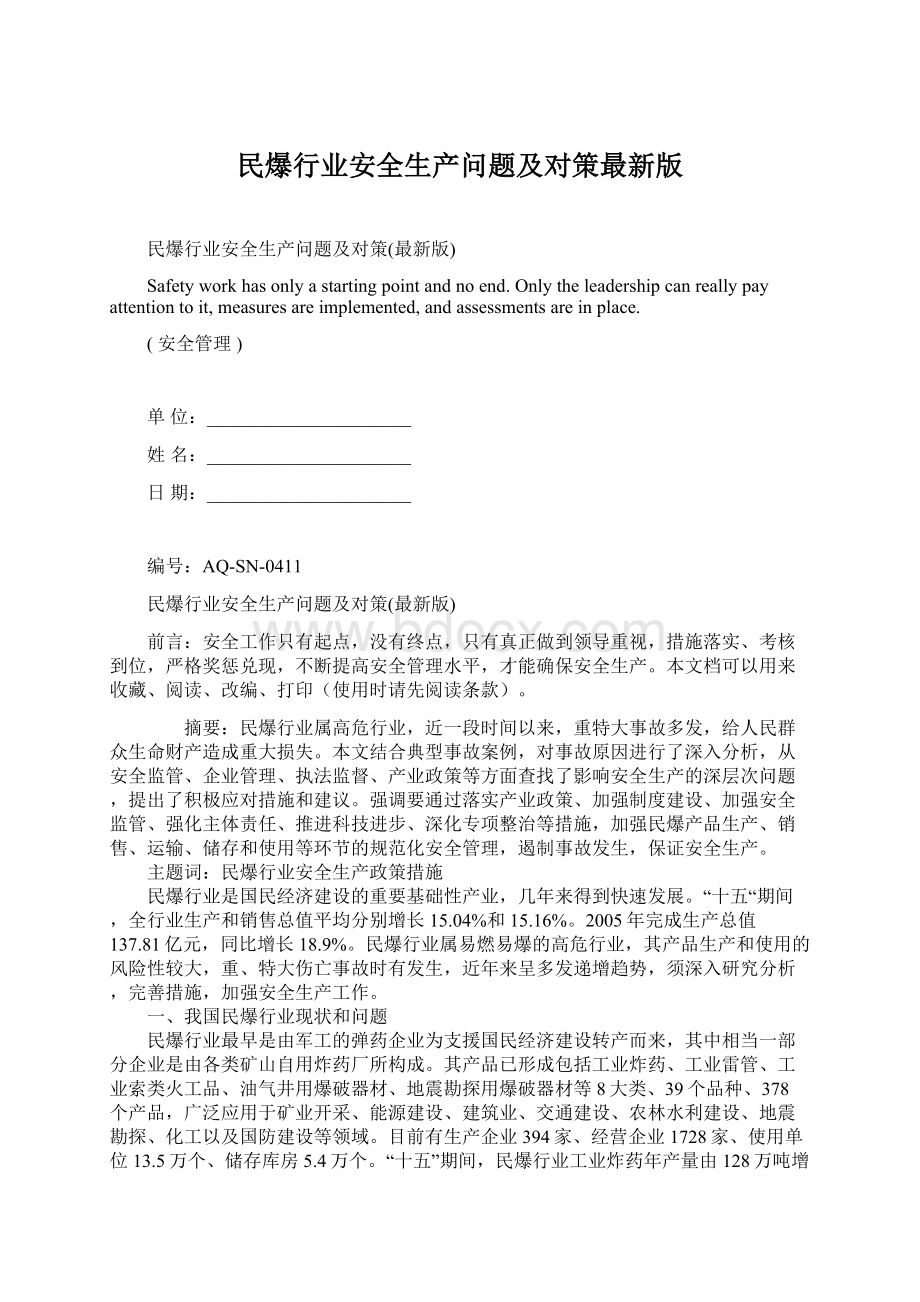 民爆行业安全生产问题及对策最新版Word格式.docx