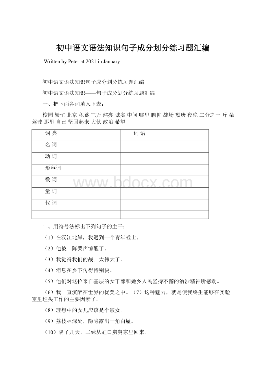 初中语文语法知识句子成分划分练习题汇编Word文档格式.docx