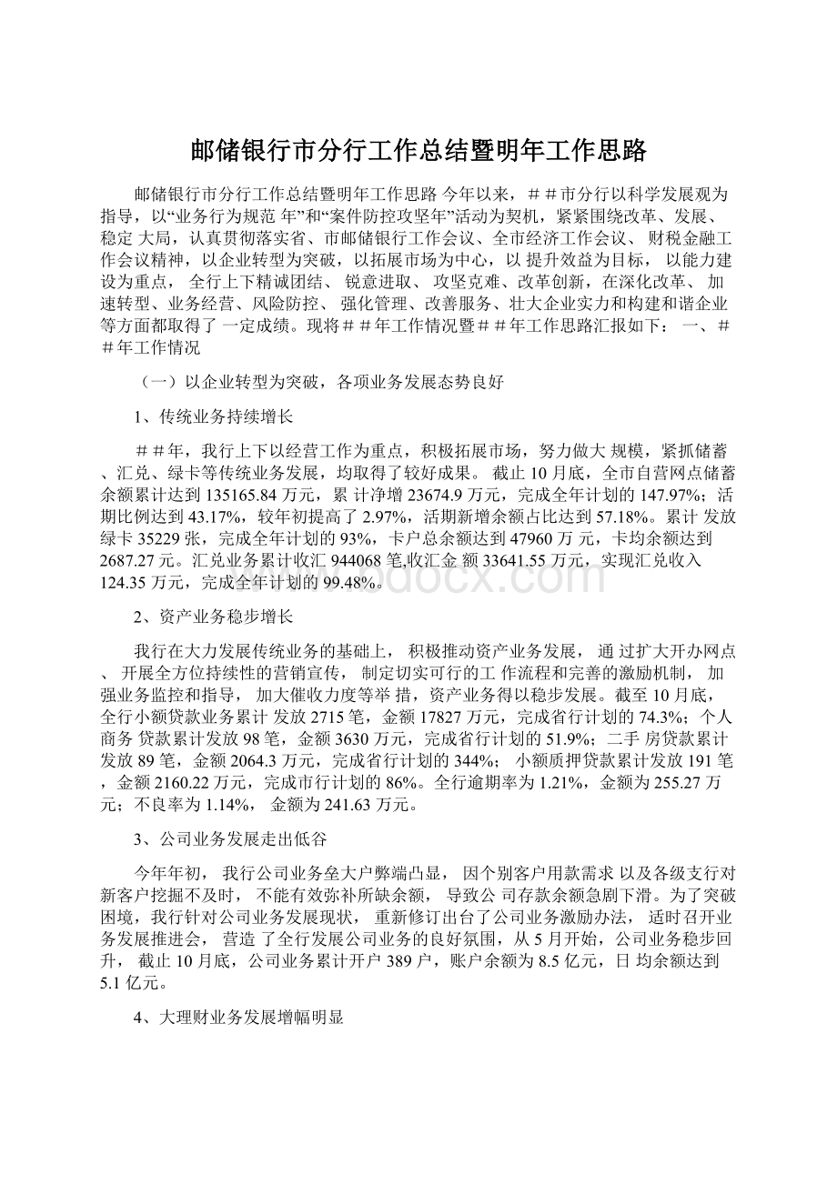 邮储银行市分行工作总结暨明年工作思路Word文档下载推荐.docx