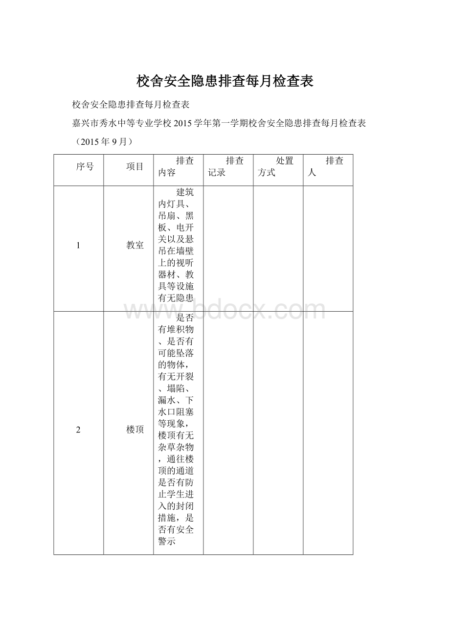 校舍安全隐患排查每月检查表Word文档格式.docx_第1页