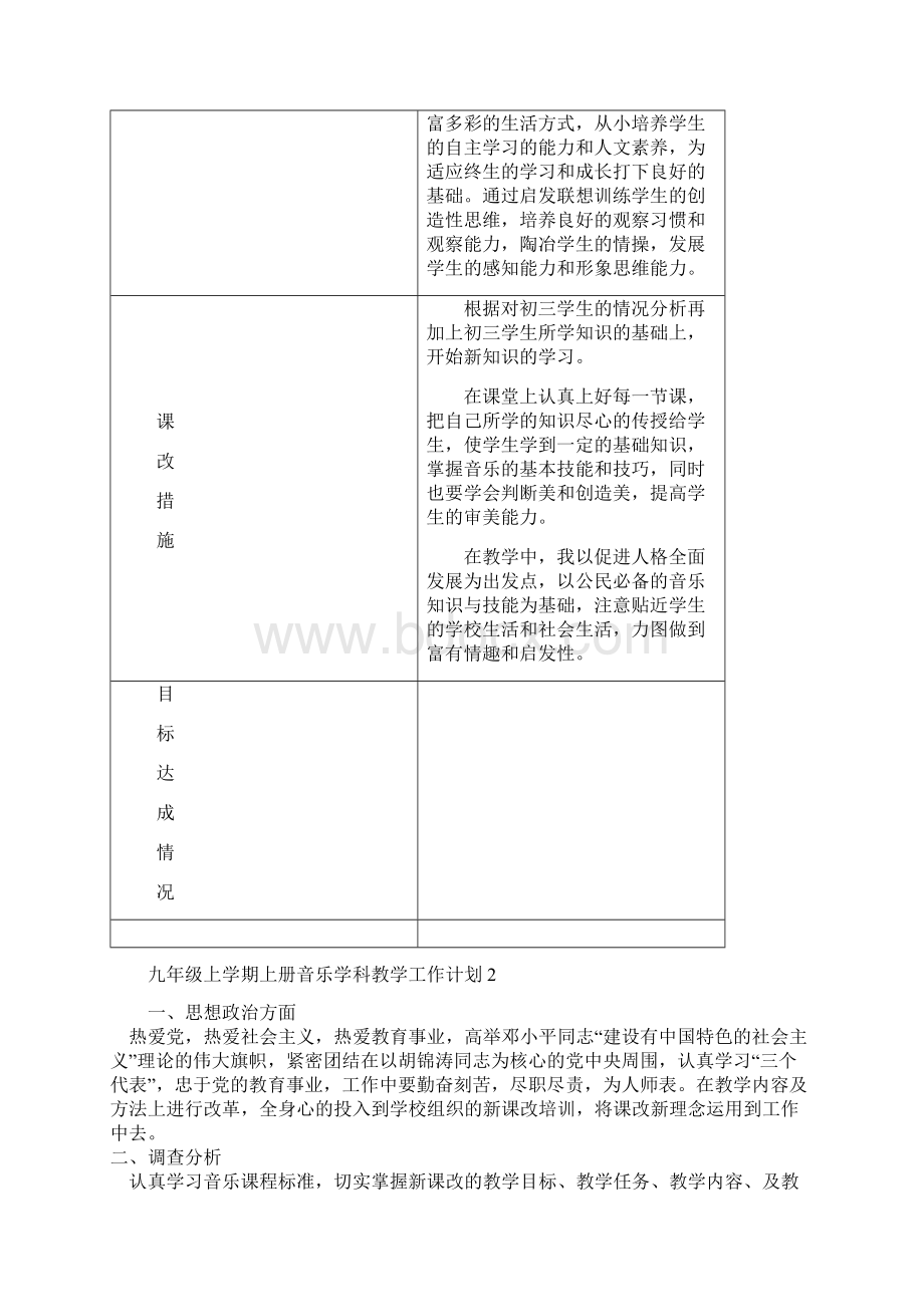 初中初三九年级上学期上册音乐学科教学工作计划方案下载大全.docx_第2页