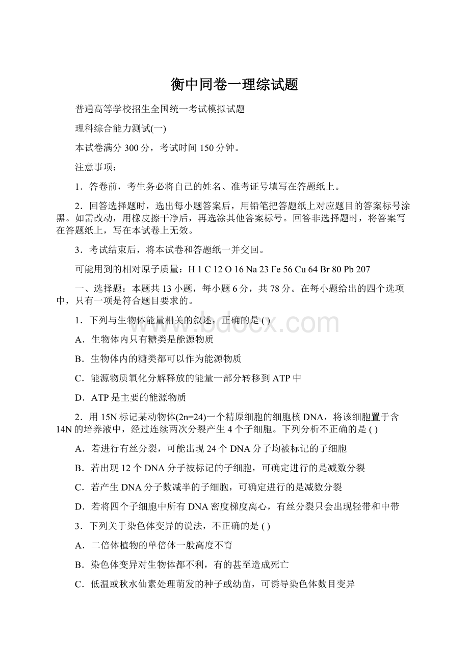 衡中同卷一理综试题Word格式文档下载.docx