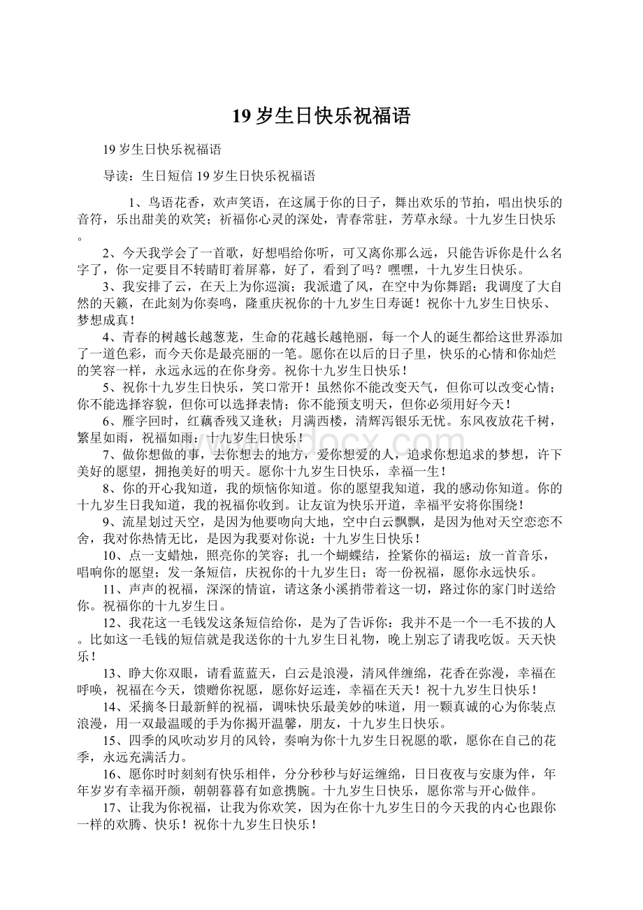 19岁生日快乐祝福语Word文档格式.docx