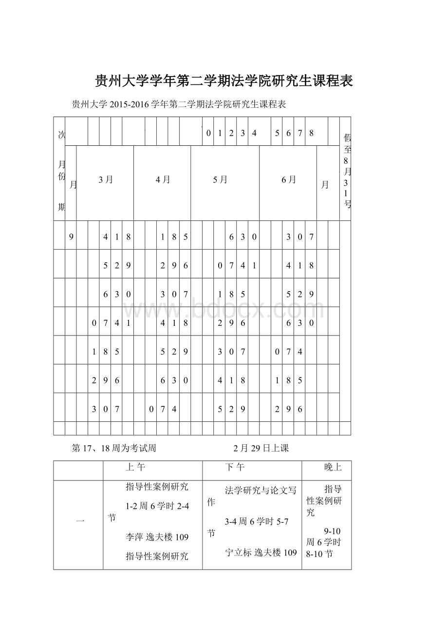 贵州大学学年第二学期法学院研究生课程表Word下载.docx