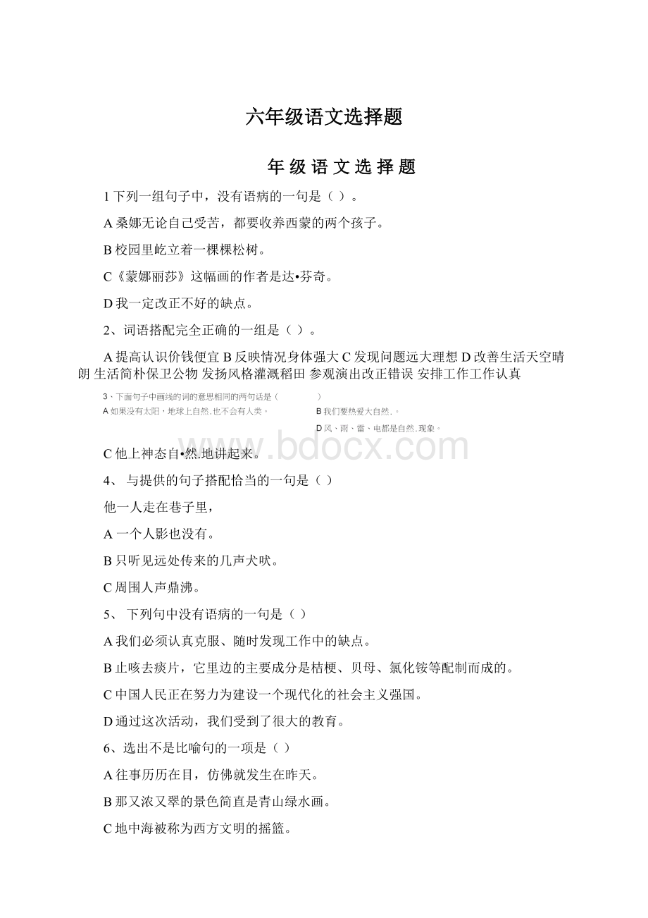 六年级语文选择题Word格式文档下载.docx_第1页