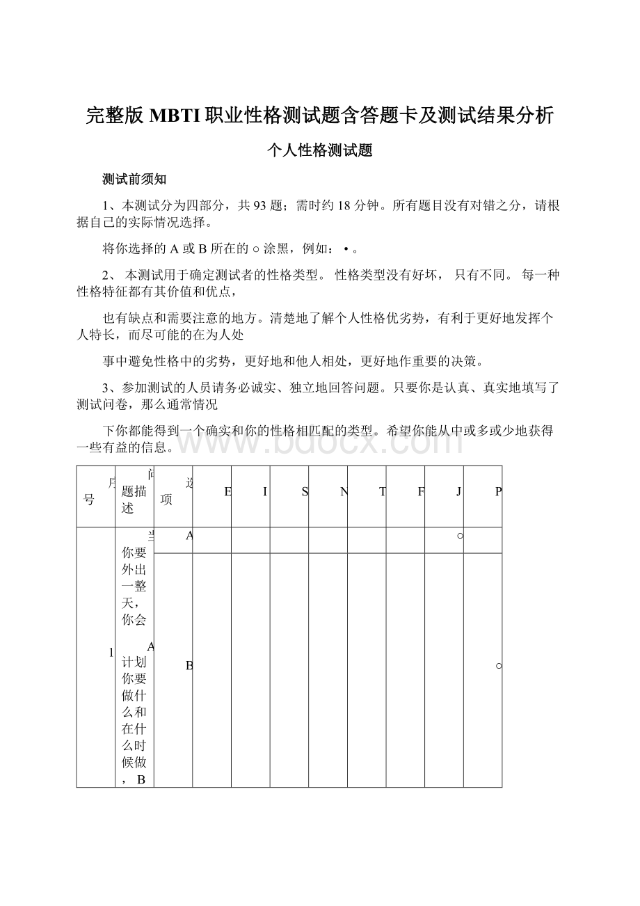 完整版MBTI职业性格测试题含答题卡及测试结果分析.docx