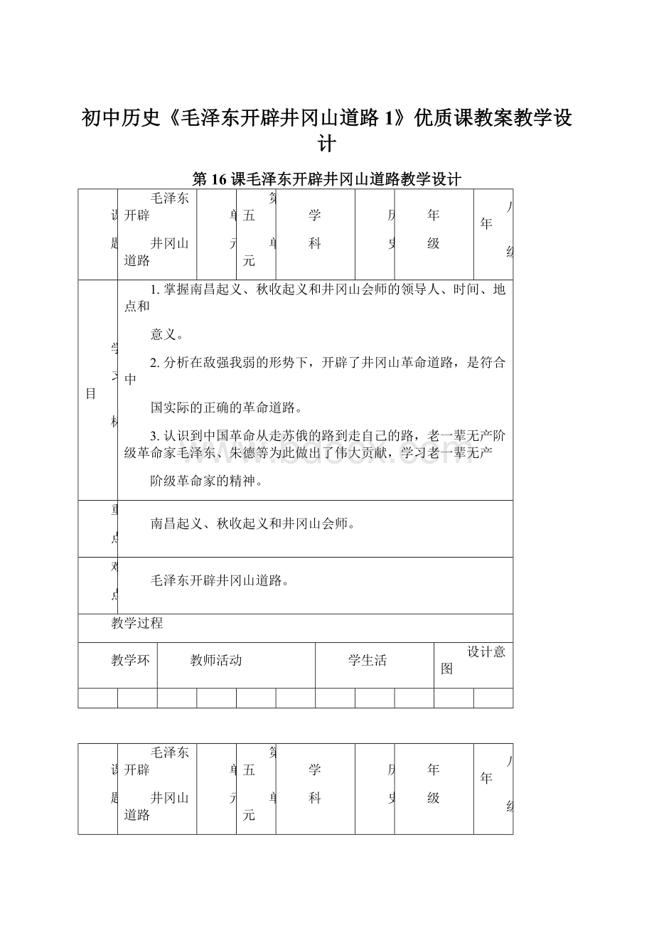 初中历史《毛泽东开辟井冈山道路1》优质课教案教学设计Word文件下载.docx