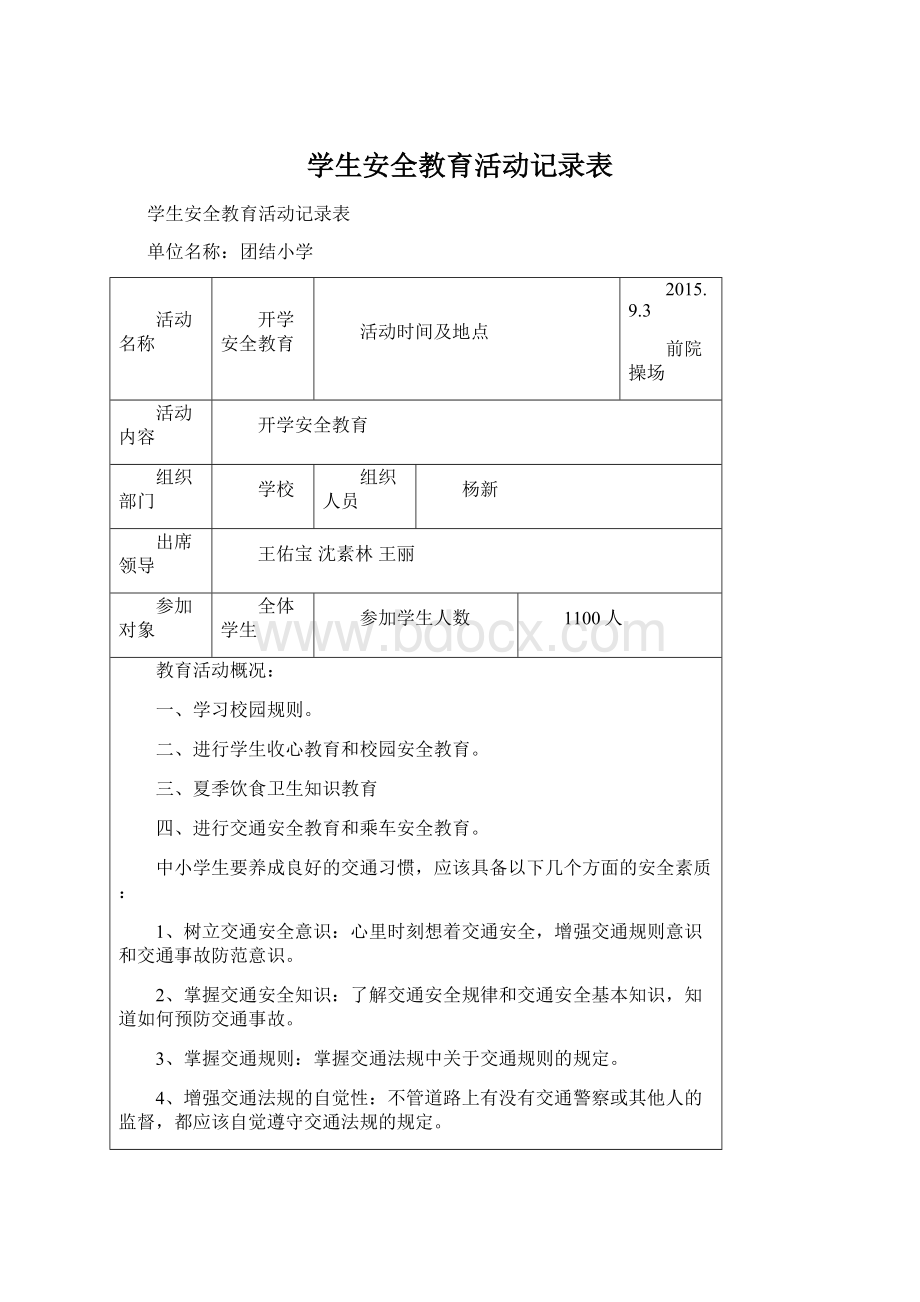 学生安全教育活动记录表Word文档格式.docx_第1页