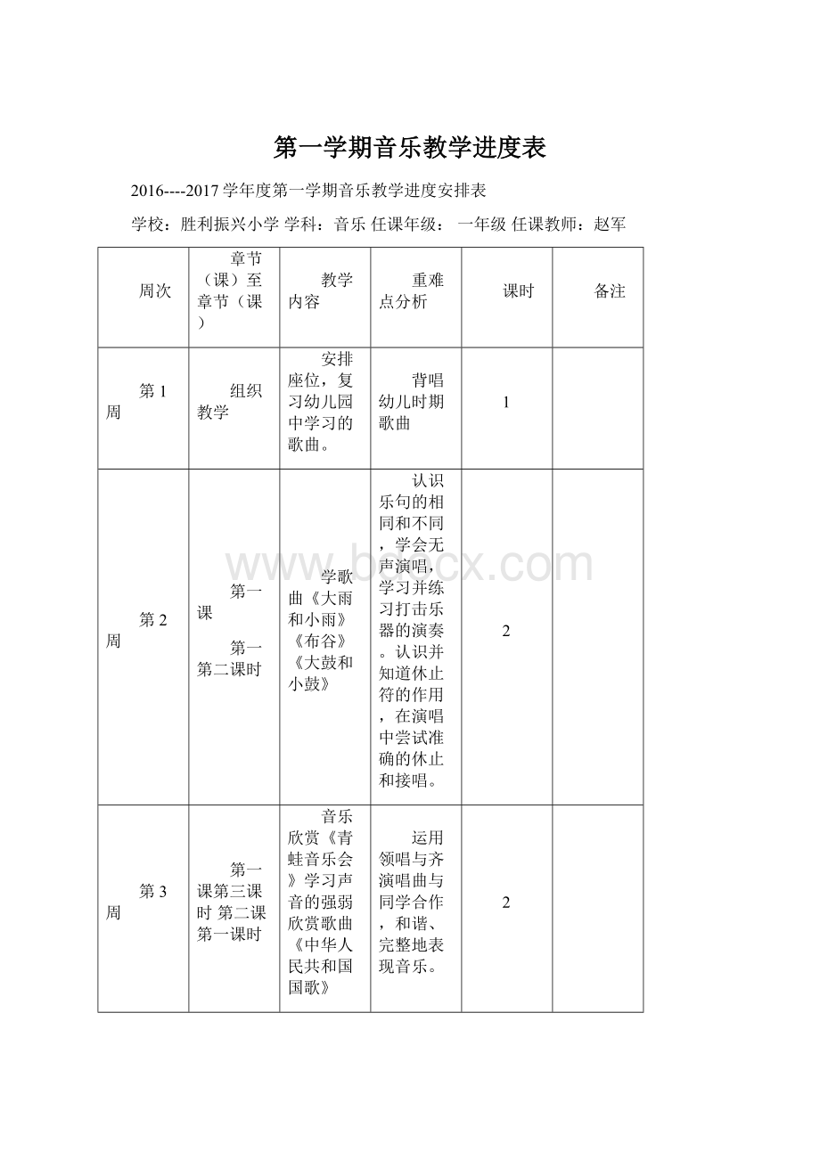 第一学期音乐教学进度表.docx