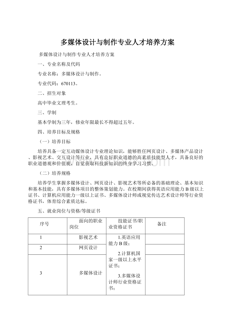 多媒体设计与制作专业人才培养方案Word文档下载推荐.docx