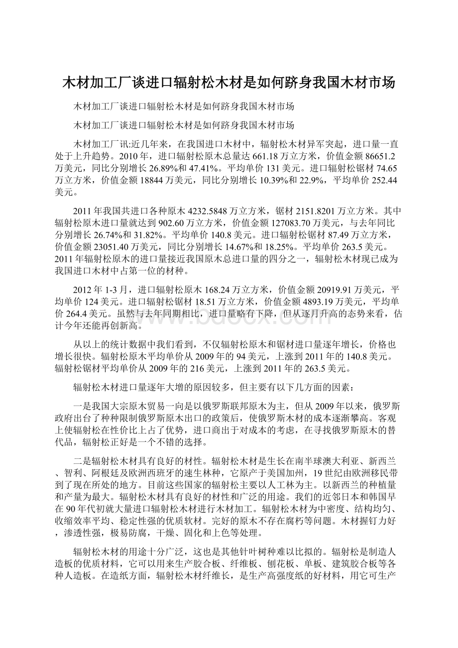 木材加工厂谈进口辐射松木材是如何跻身我国木材市场Word下载.docx