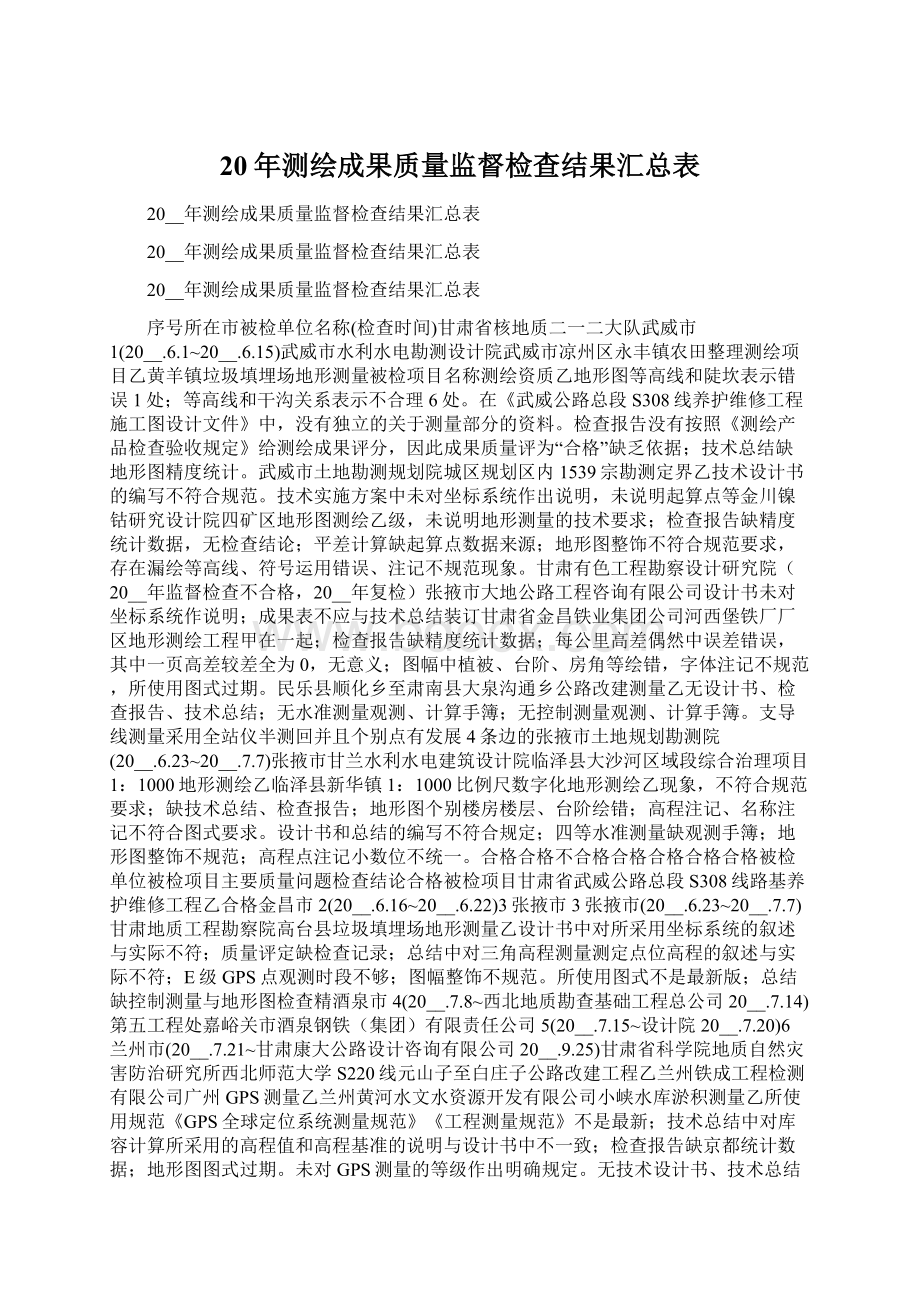 20年测绘成果质量监督检查结果汇总表文档格式.docx