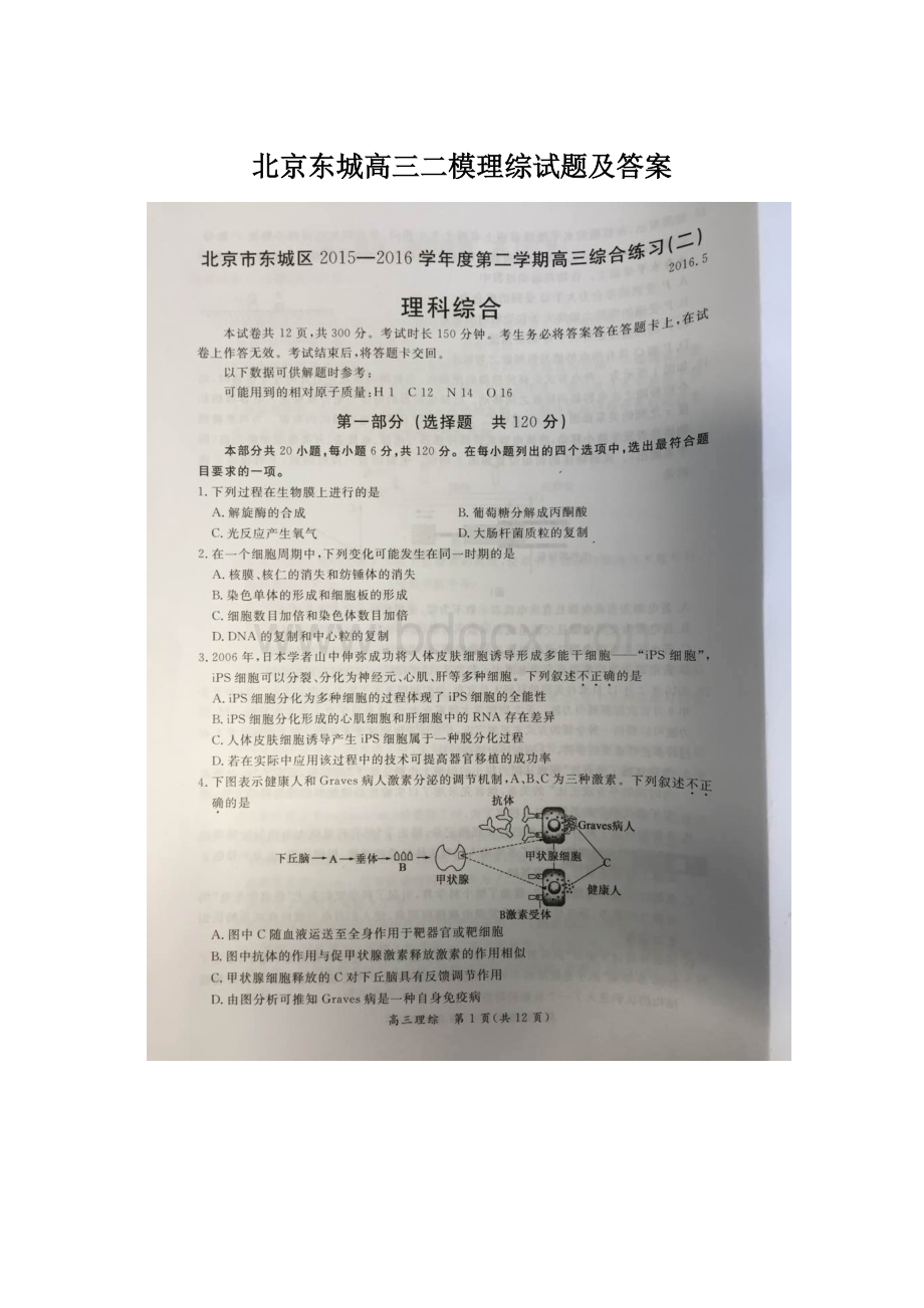 北京东城高三二模理综试题及答案Word下载.docx_第1页