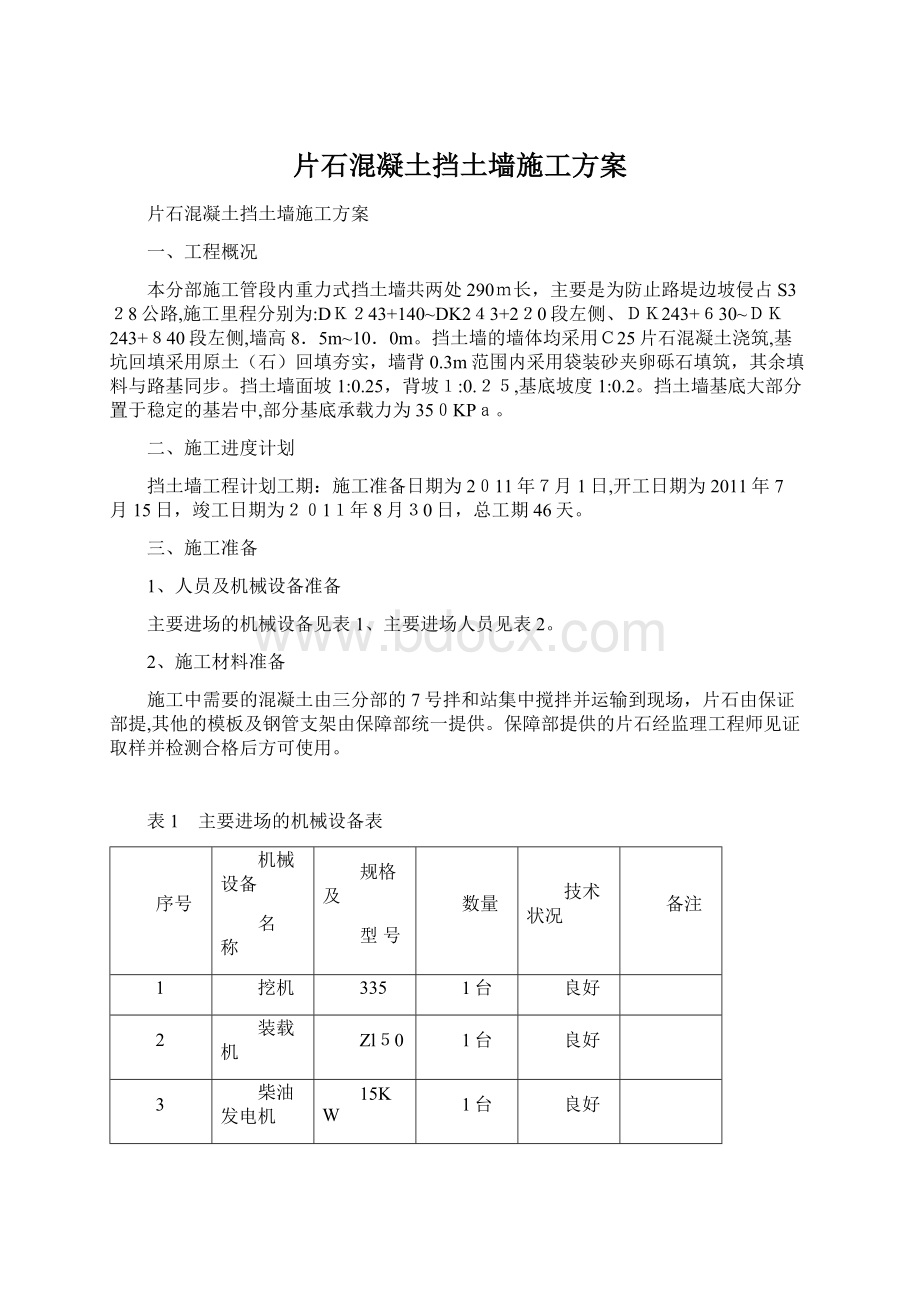 片石混凝土挡土墙施工方案Word文件下载.docx_第1页