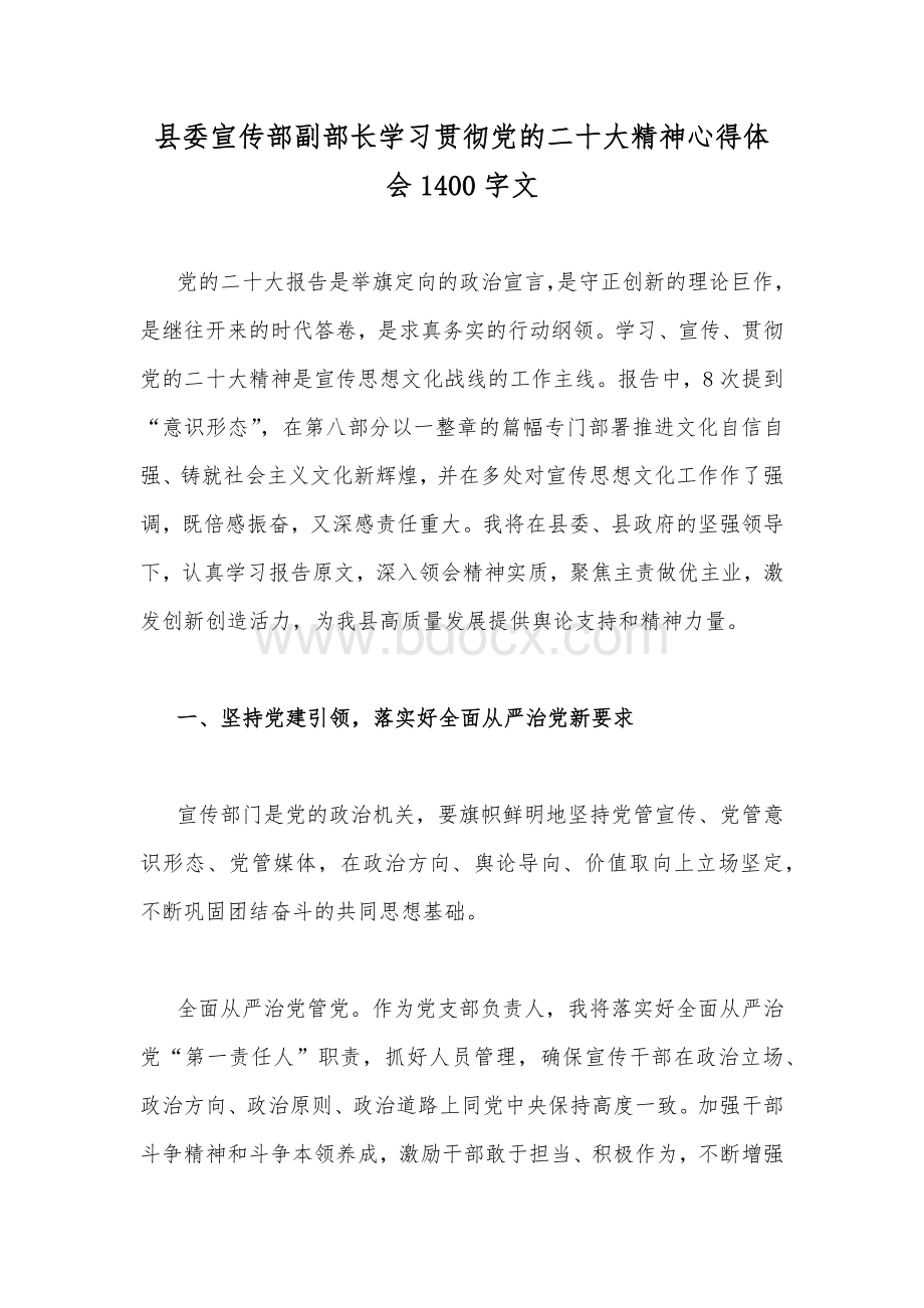 县委宣传部副部长学习贯彻党的二20十大精神心得体会1400字文Word格式文档下载.docx_第1页