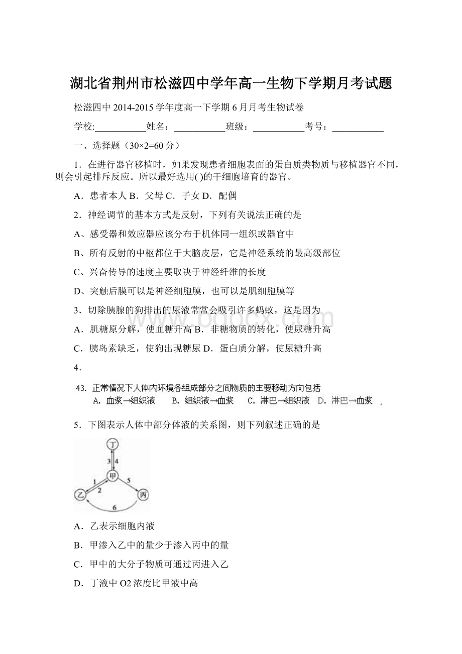 湖北省荆州市松滋四中学年高一生物下学期月考试题.docx