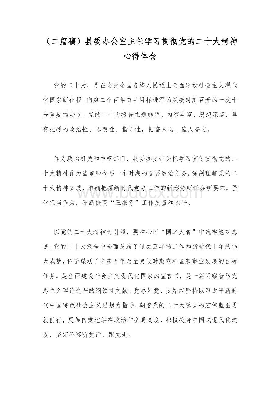 （二篇稿）县委办公室主任学习贯彻党的二20十大精神心得体会.docx