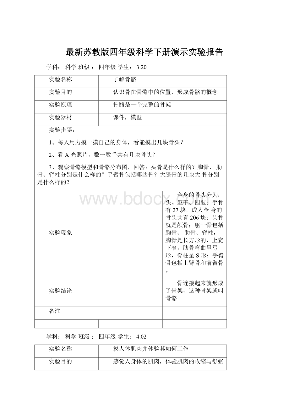 最新苏教版四年级科学下册演示实验报告文档格式.docx_第1页