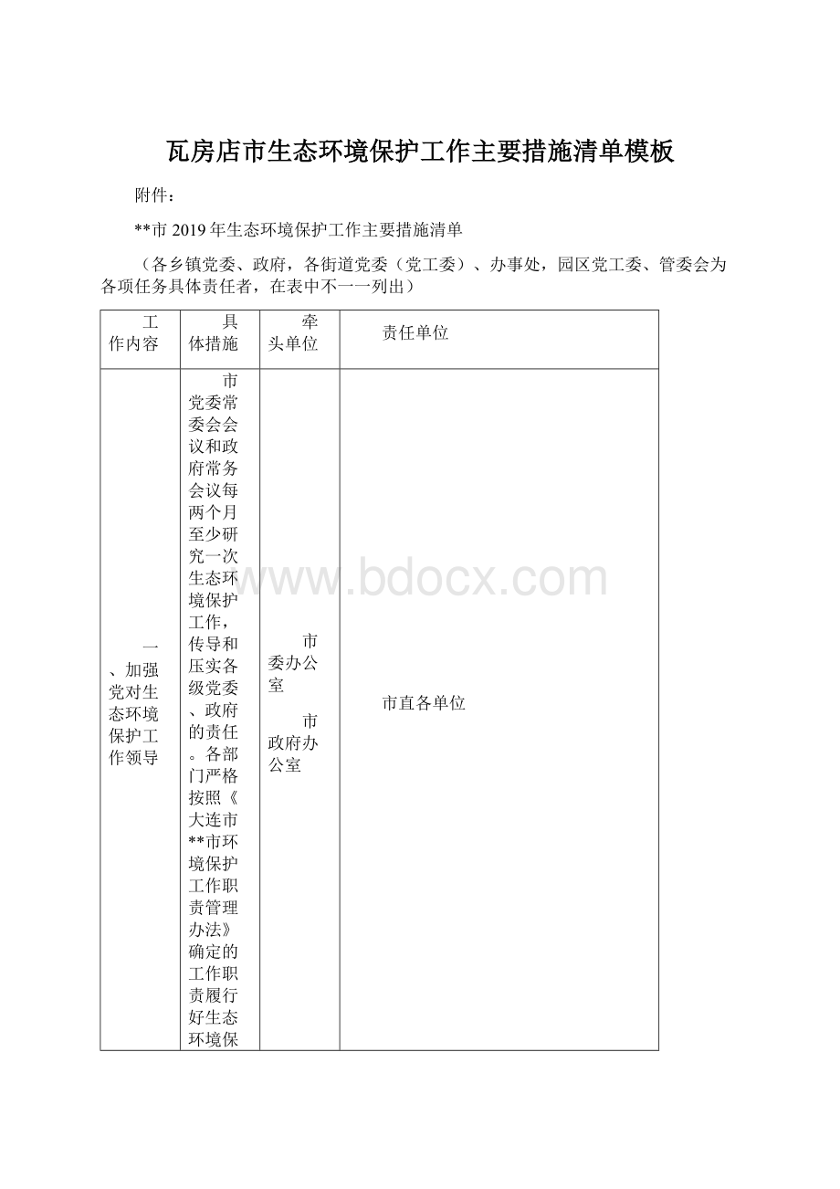 瓦房店市生态环境保护工作主要措施清单模板.docx_第1页